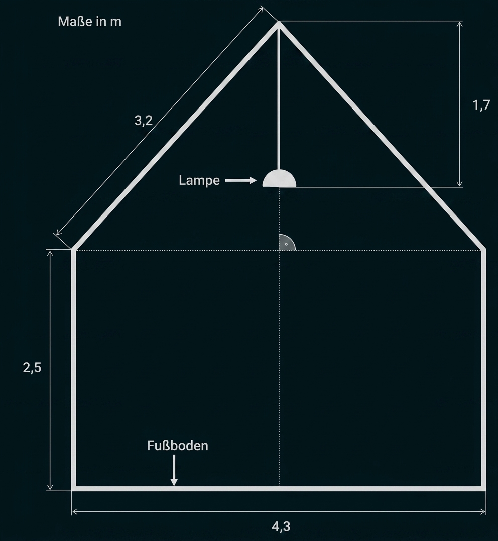 Skizze eines Hauses mit Maßen und Lampe im Innenraum.